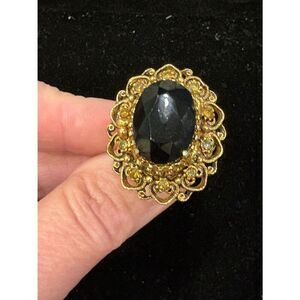 Vintage Florenza Gold Filigree Statement Ring with Black Center Stone Adjustable